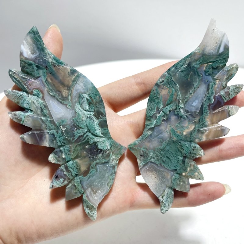 4 Pairs Small Moss Agate Angel Wing Carving With Stand - Wholesale Crystals