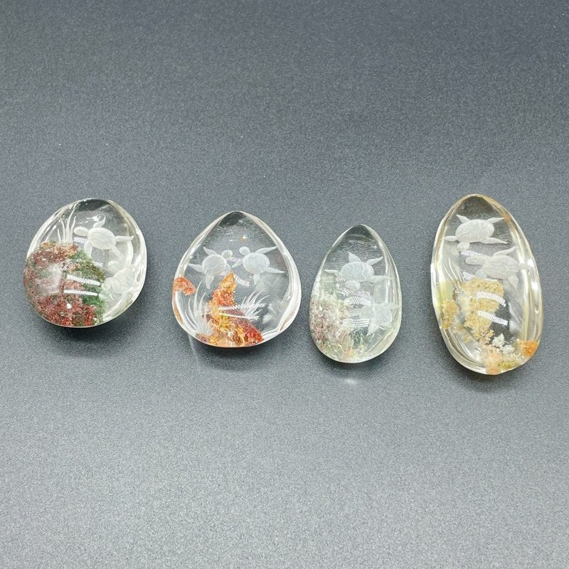 4 Pieces Beautiful Sea Turtle Garden Quartz Inner Scene Carving - Wholesale Crystals