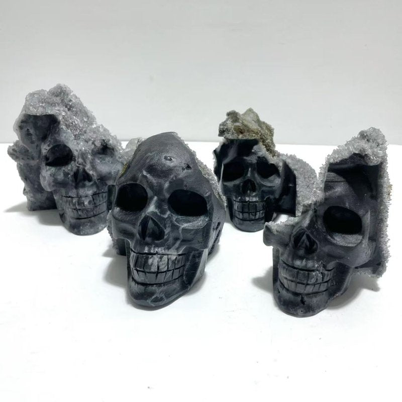 4 Pieces Black Clear Quartz Cluster Skull Carving - Wholesale Crystals