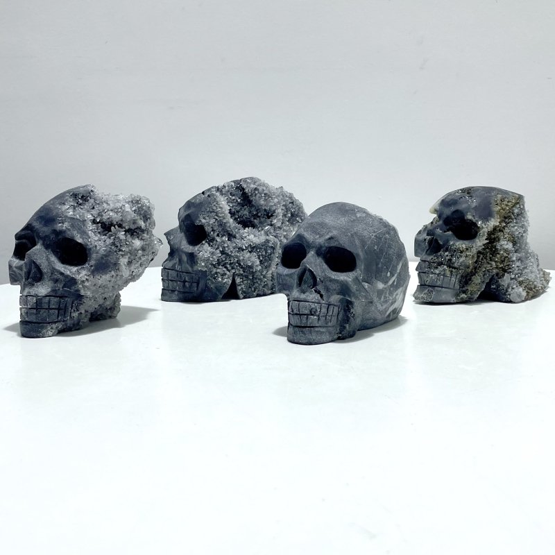 4 Pieces Large Black Clear Quartz Cluster (Mixed Pyrite) Skull Carving - Wholesale Crystals