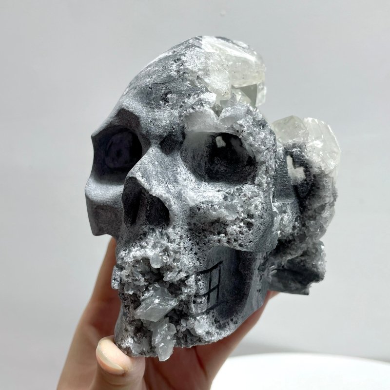 4 Pieces Large Black Clear Quartz Cluster Skull Carving - Wholesale Crystals