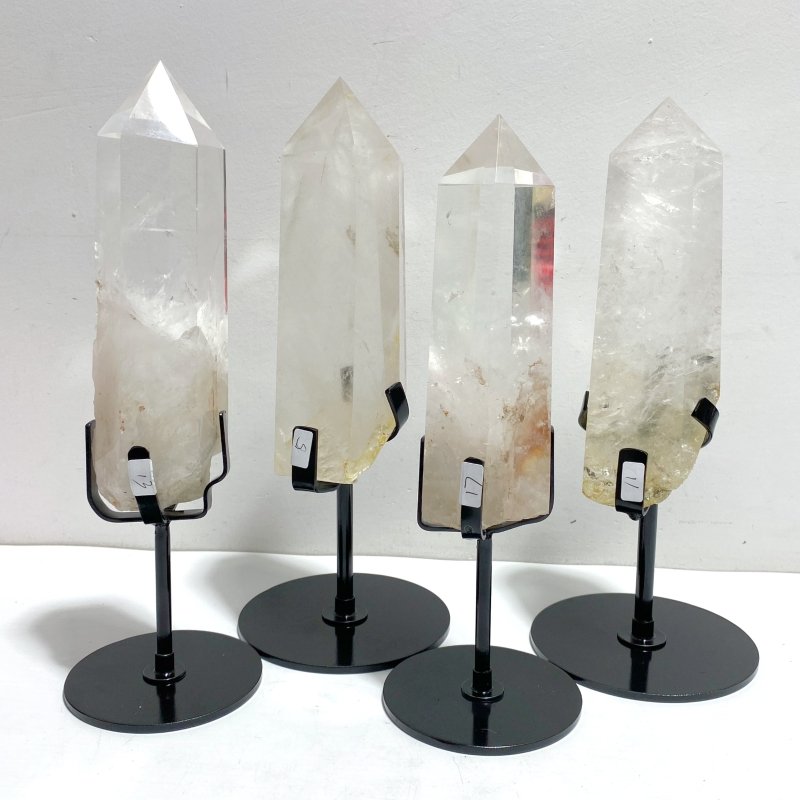 4 Pieces Large Clear Quartz Point With Rainbow Raw Bottom With Stand 4 - Wholesale Crystals