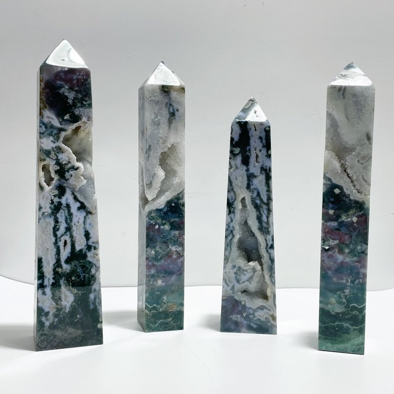 4 Pieces Large Geode Druzy Moss Agate Four - Sided Points - Wholesale Crystals