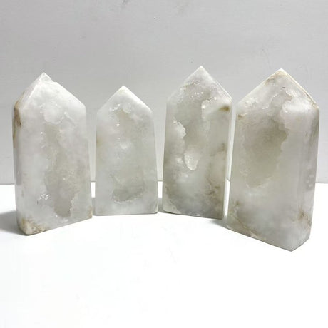 4 Pieces Large Geode Druzy White Moss Agate Four - sided Point - Wholesale Crystals