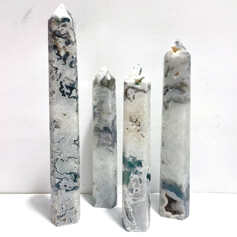 4 Pieces Tall Geode Druzy White Moss Agate Tower Points - Wholesale Crystals