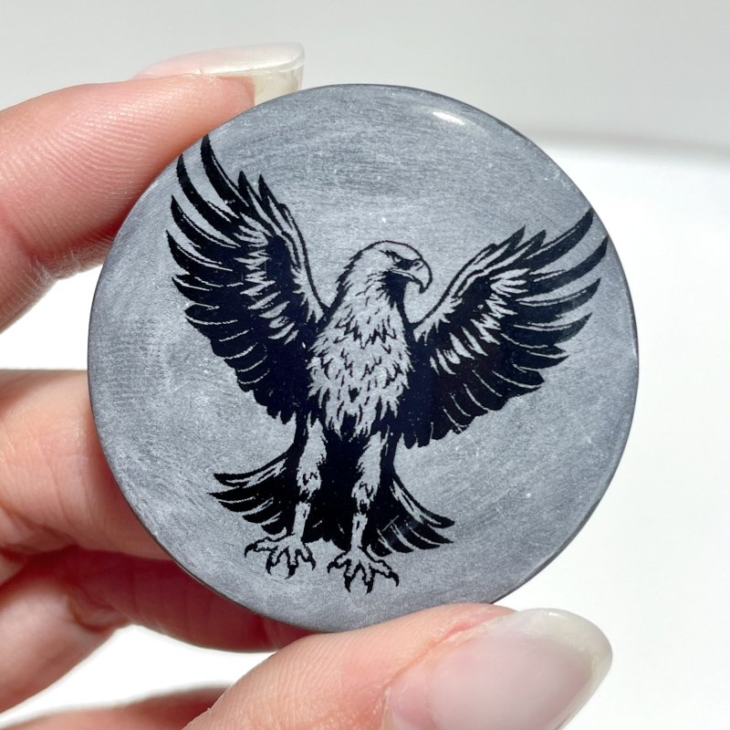 4cm Black Obsidian Clear Quartz Engraved Eagle Round Slices DIY Wholesale - Wholesale Crystals