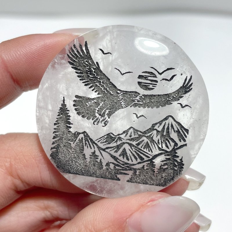 4cm Black Obsidian Clear Quartz Engraved Eagle Round Slices DIY Wholesale - Wholesale Crystals