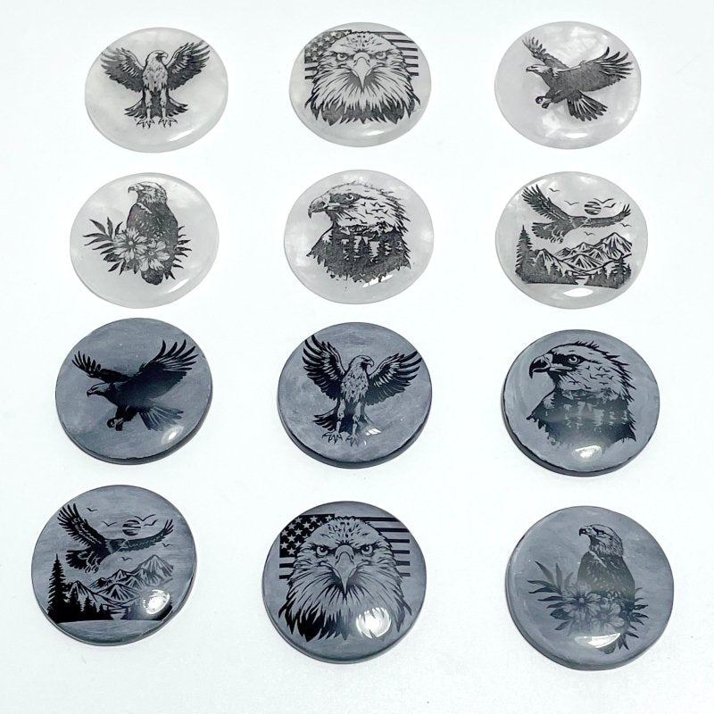 4cm Black Obsidian Clear Quartz Engraved Eagle Round Slices DIY Wholesale - Wholesale Crystals