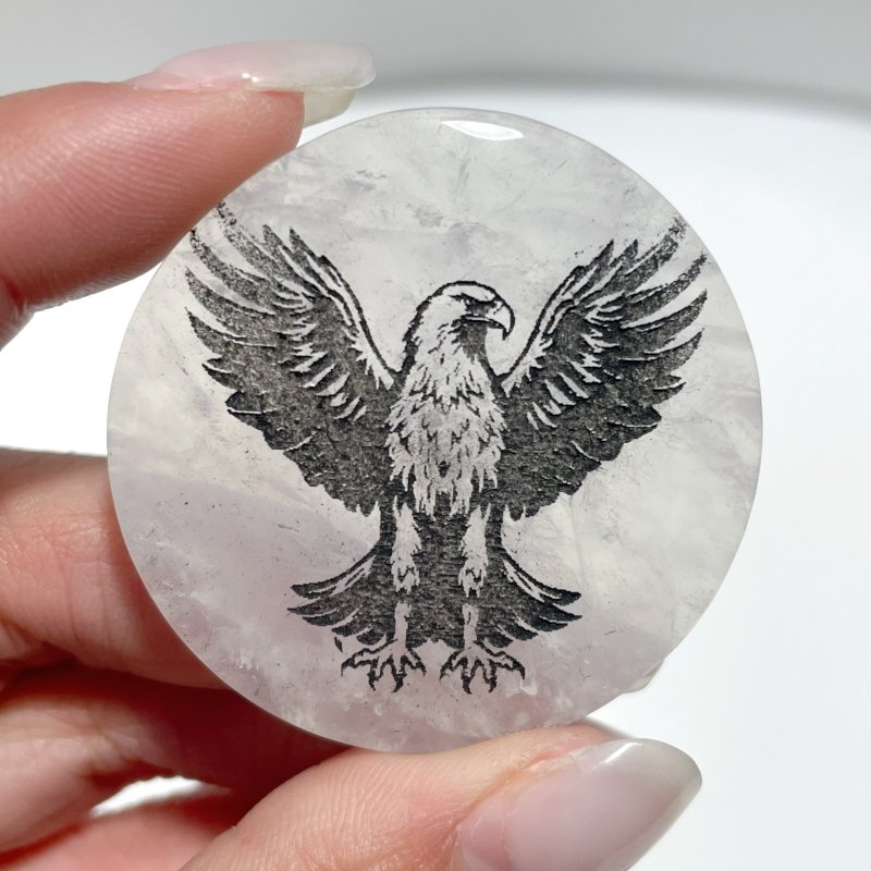 4cm Black Obsidian Clear Quartz Engraved Eagle Round Slices DIY Wholesale - Wholesale Crystals