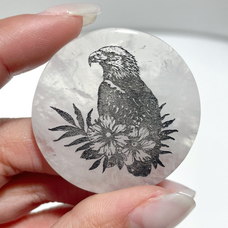 4cm Black Obsidian Clear Quartz Engraved Eagle Round Slices DIY Wholesale - Wholesale Crystals