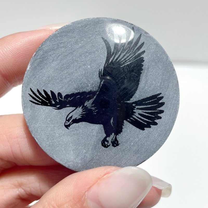 4cm Black Obsidian Clear Quartz Engraved Eagle Round Slices DIY Wholesale - Wholesale Crystals