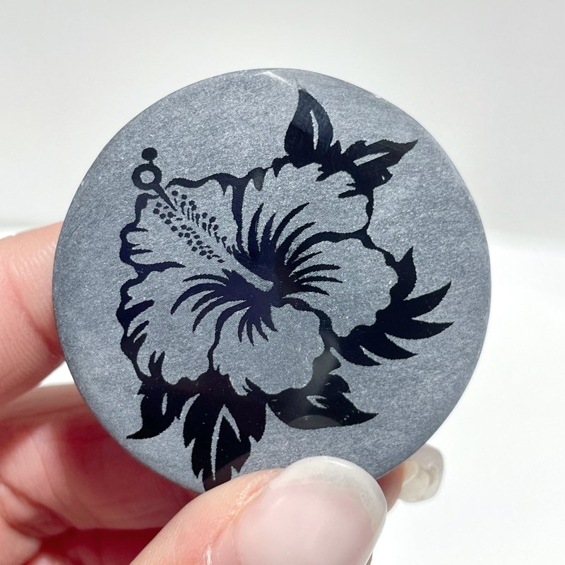 4cm Black Obsidian Hawaiian Flowers Engraved Round Slices DIY Wholesale - Wholesale Crystals