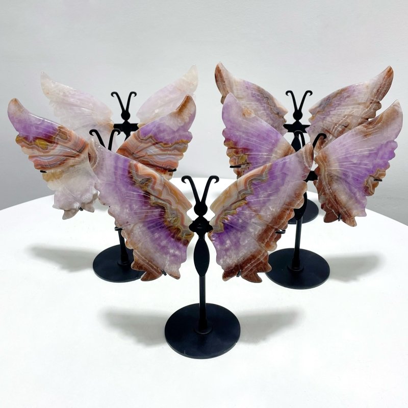 5 Pairs Amethyst Mixed Stripe Agate Butterfly Wing Carving With Stand - Wholesale Crystals