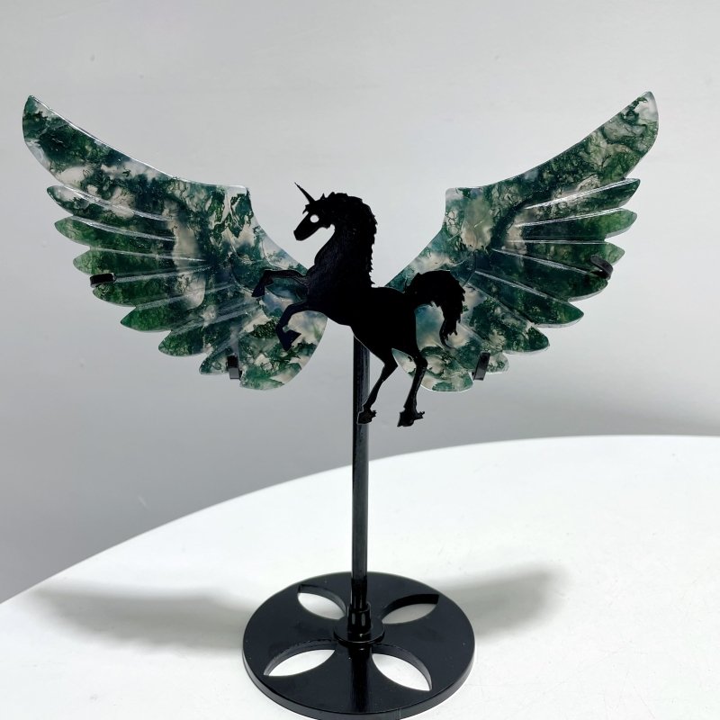 5 Pairs Moss Agate Pegasus Wing Carving With Stand - Wholesale Crystals