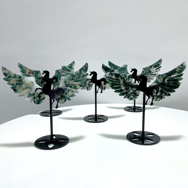 5 Pairs Moss Agate Pegasus Wing Carving With Stand - Wholesale Crystals