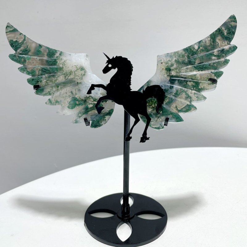 5 Pairs Moss Agate Pegasus Wing Carving With Stand - Wholesale Crystals