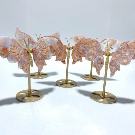 5 Pairs Pink Agate Butterfly Wing Carving With Stand - Wholesale Crystals