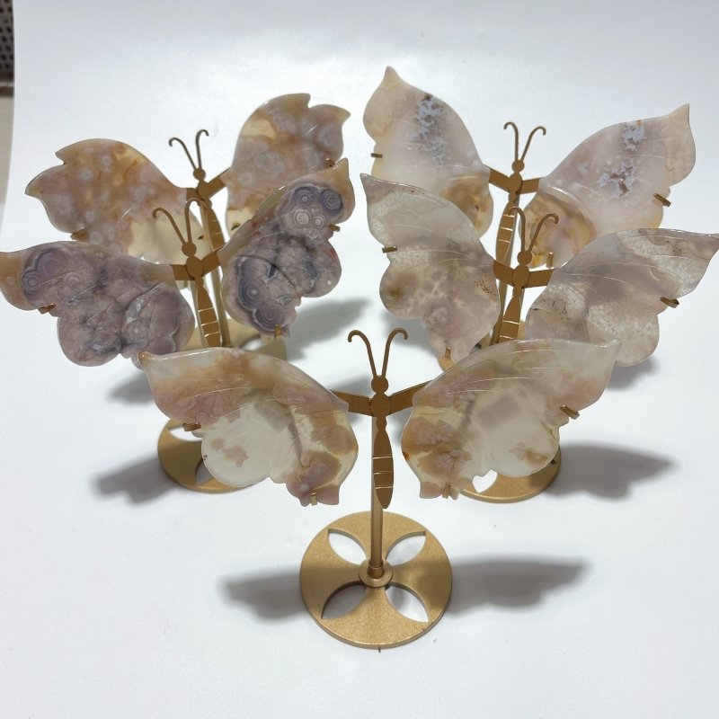 5 Pairs Sakura Flower Agate Butterfly Wing Carving With Stand -Wholesale Crystals