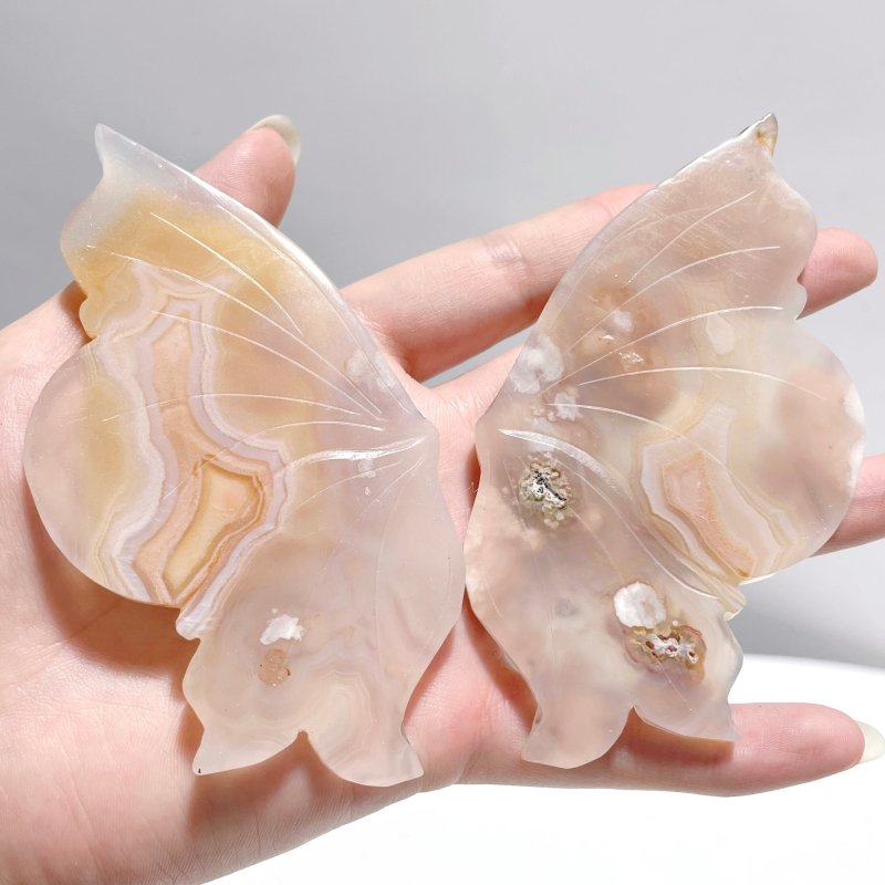 5 Pairs Sakura Flower Agate Butterfly Wing Carving With Stand - Wholesale Crystals