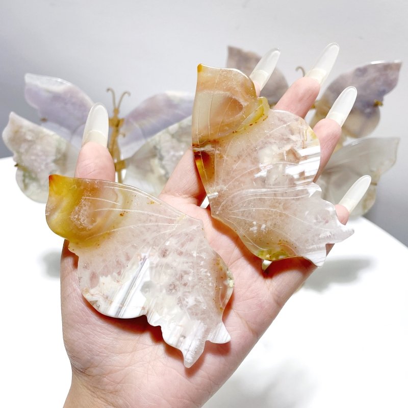 5 Pairs Sakura Flower Agate Butterfly Wing Carving With Stand - Wholesale Crystals