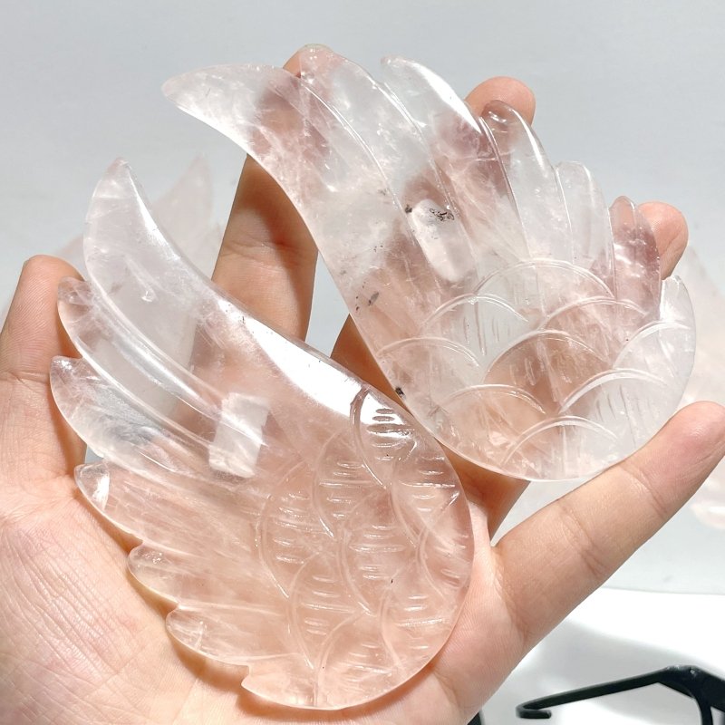 5 Pairs Unique Rose Quartz Angel Wing Carving With Stand - Wholesale Crystals