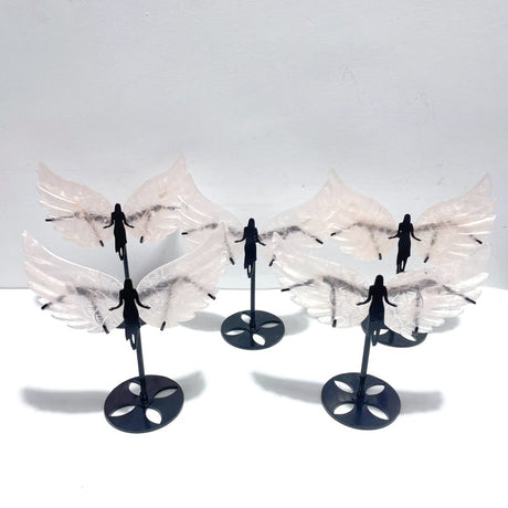 5 Pairs Unique Rose Quartz Angel Wing Carving With Stand - Wholesale Crystals