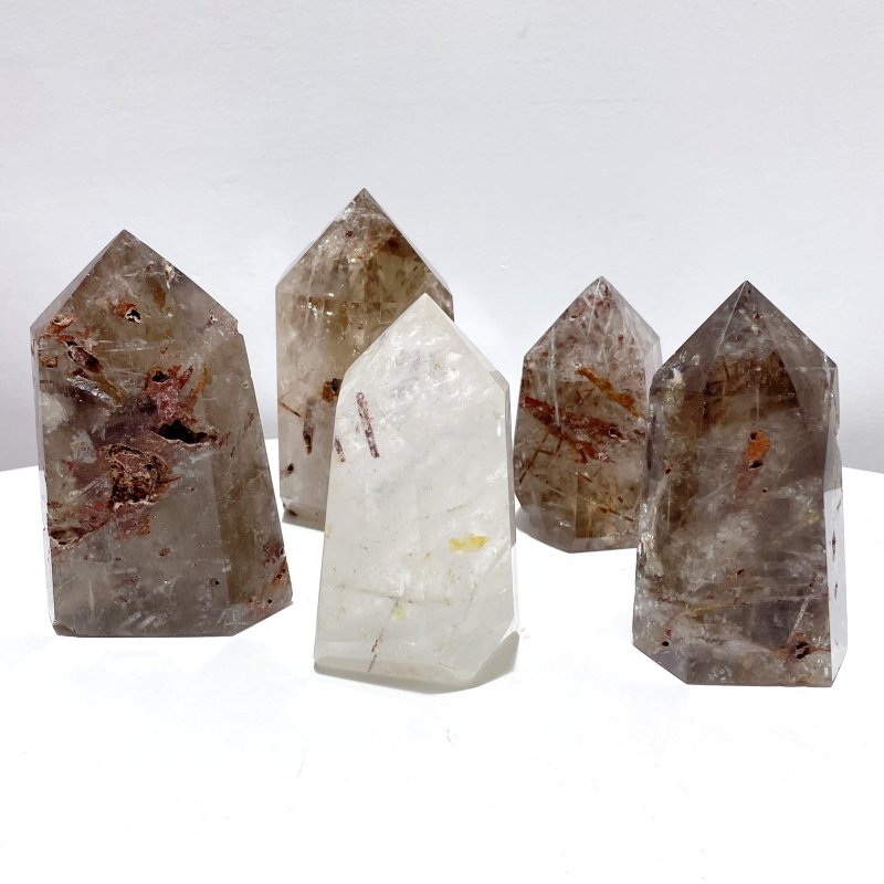 5 Pieces Clear Quartz With Tourmaline Inclusion Polished Tower - Wholesale Crystals