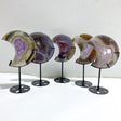 5 Pieces Large Amethyst Mixed Geode Druzy Agate Moon Carving With Stand -Wholesale Crystals