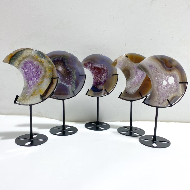 5 Pieces Large Amethyst Mixed Geode Druzy Agate Moon Carving With Stand -Wholesale Crystals