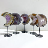 5 Pieces Large Amethyst Mixed Geode Druzy Agate Moon Carving With Stand -Wholesale Crystals