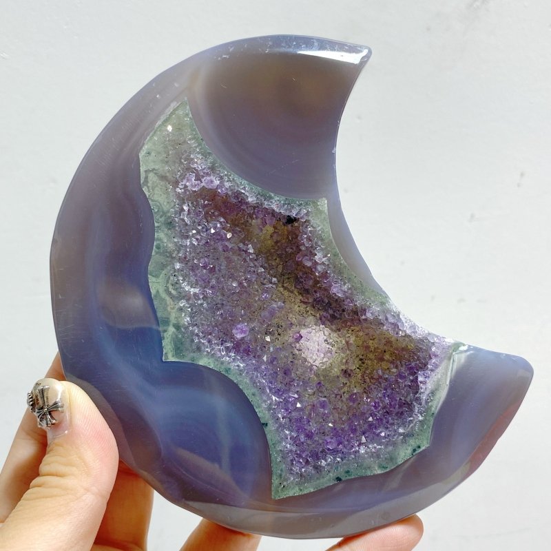 5 Pieces Large Amethyst Mixed Geode Druzy Agate Moon Carving With Stand -Wholesale Crystals