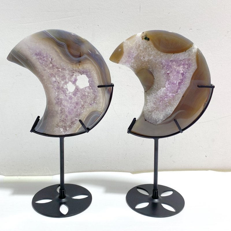 5 Pieces Large Amethyst Mixed Geode Druzy Agate Moon Carving With Stand -Wholesale Crystals