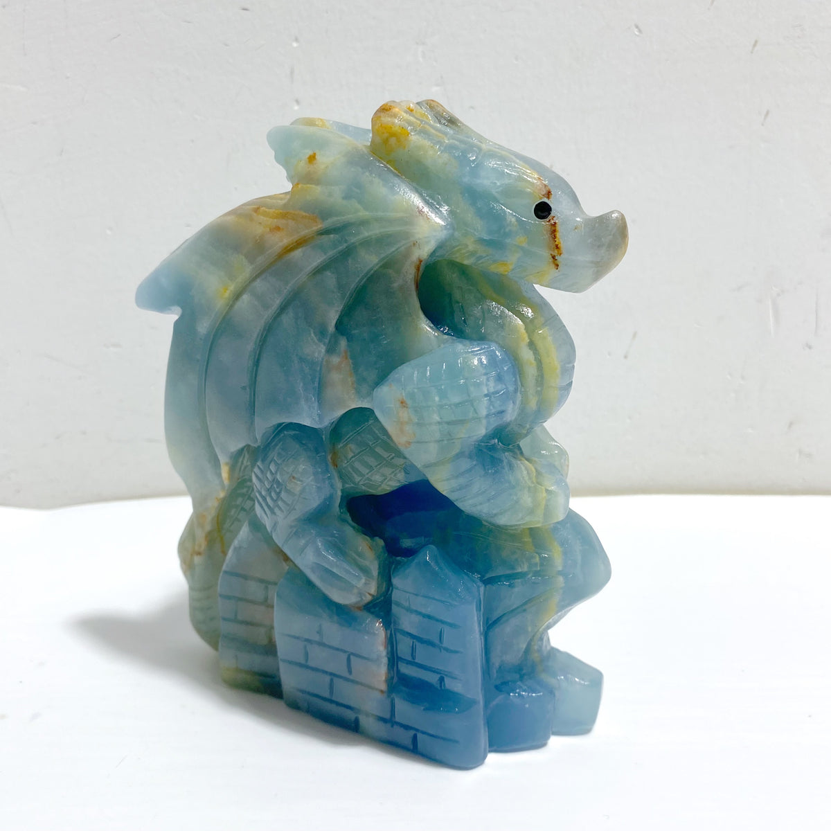 2 Pieces Blue Onyx Flying Dragon Castle Carving
