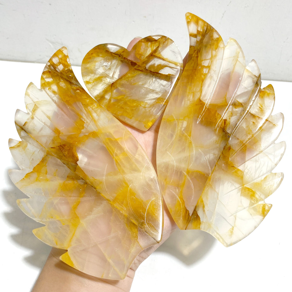 Unique Golden Hematoid Quartz Fire Quartz Heart Wing Carving With Stand