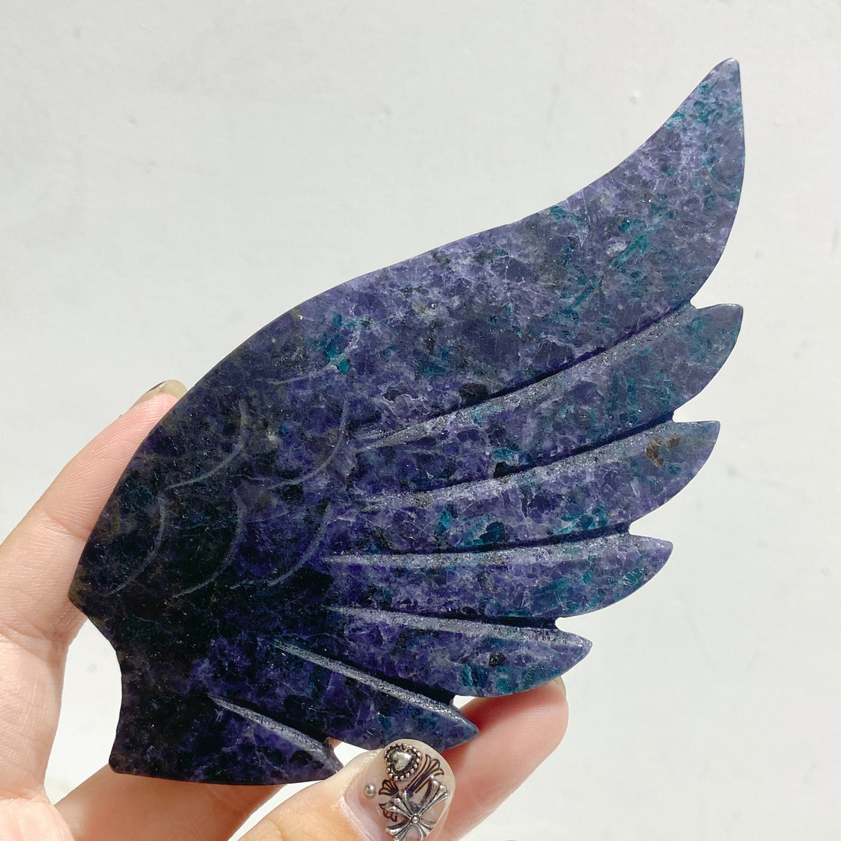 Unique Fluorite Mixed Blue Apatite Heart Wing Carving With Stand