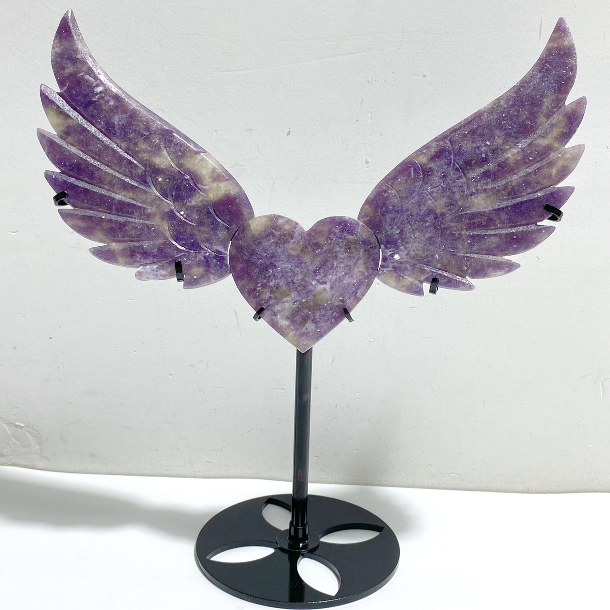 Lepidolite Mixed Quartz Heart Wing Carving With Stand