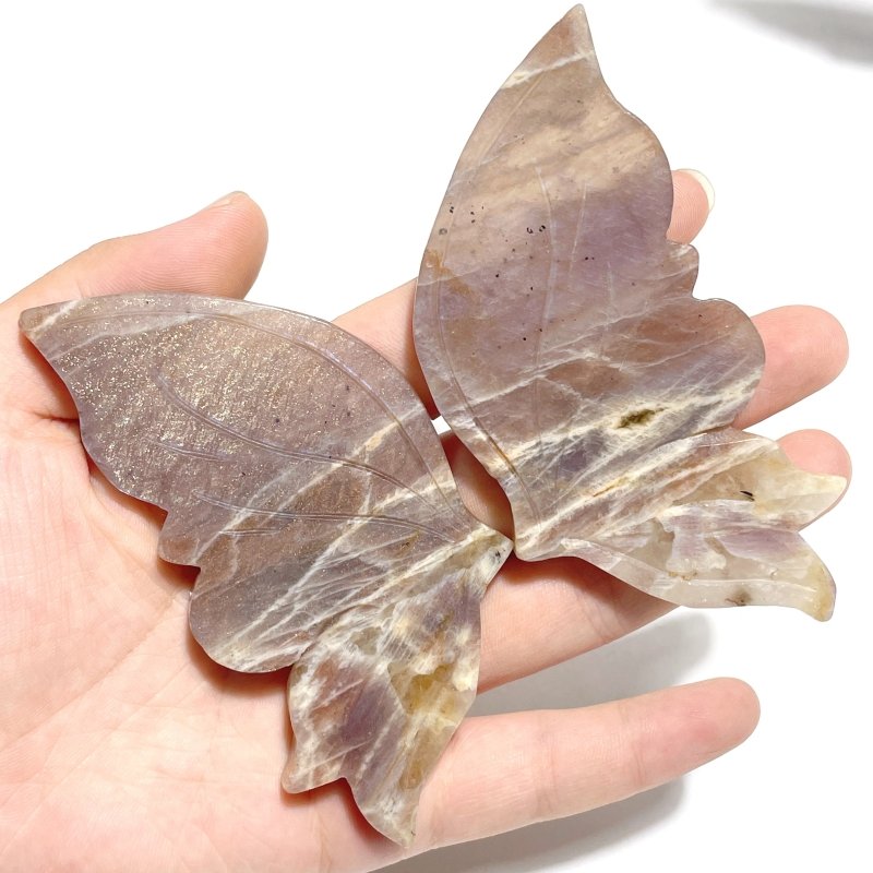 6 Pairs Sunstone Mixed Moonstone Butterfly Wing Carving With Stand - Wholesale Crystals