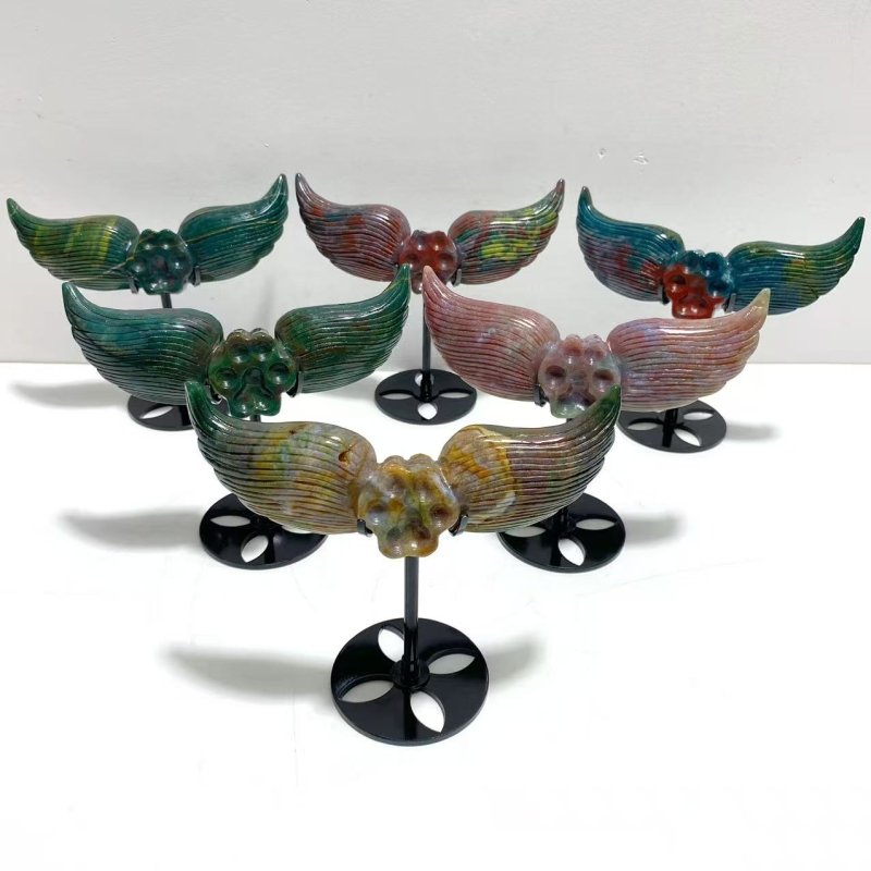6 Pairs Unique Ocean Jasper Cat Paw Wing Carving With Stand - Wholesale Crystals