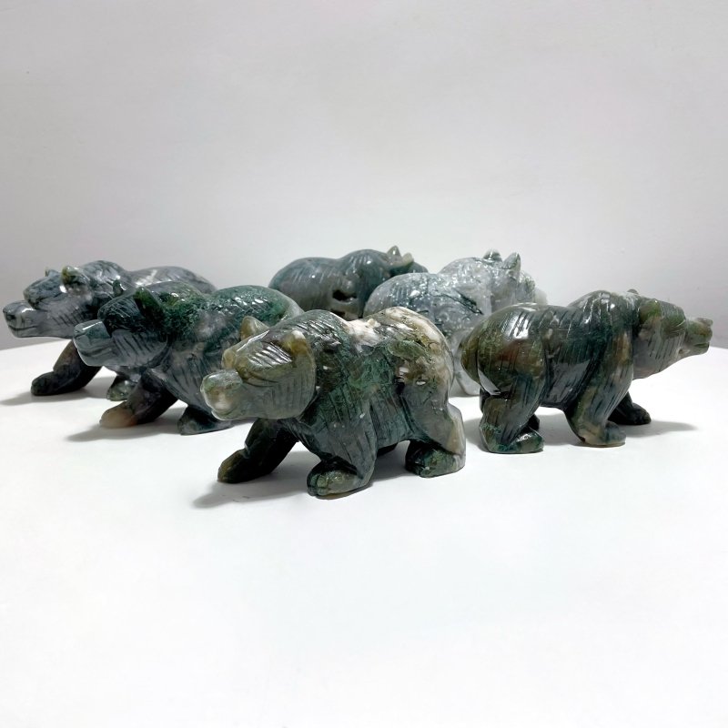 6 Pieces Beautiful Moss Agate Bear Carving - Wholesale Crystals