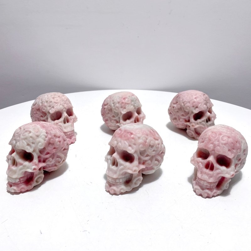 6 Pieces Beautiful Pink Opal Skull Carving - Wholesale Crystals