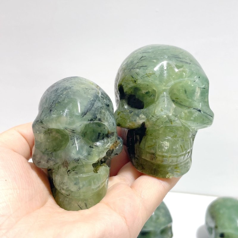 6 Pieces Green Prehnite Geode Skull Carving - Wholesale Crystals