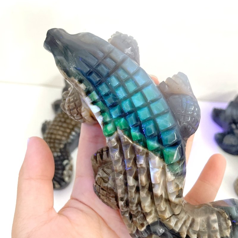 6 Pieces Large Volcano Agate Crocodile Carving(UV - Reactive) - Wholesale Crystals
