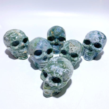 6 Pieces Moss Agate Skull Carving - Wholesale Crystals