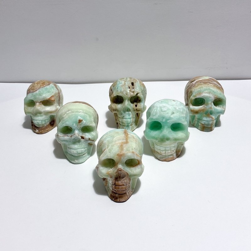 6 Pieces Unique Green Calcite Skull Carving - Wholesale Crystals