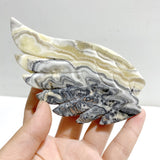 Gray Lace Agate Heart Wing Carving With Stand