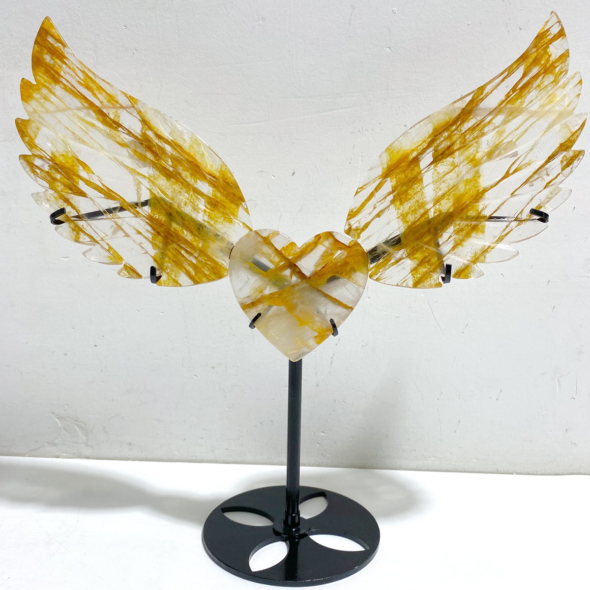Golden Hematoid Quartz Heart Wing Carving With Stand Fire Quartz