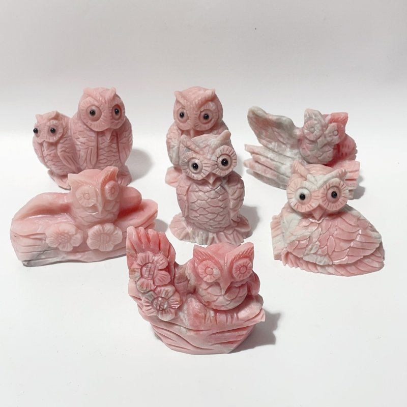 7 Pieces Cute Pink Opal Owl Carving - Wholesale Crystals