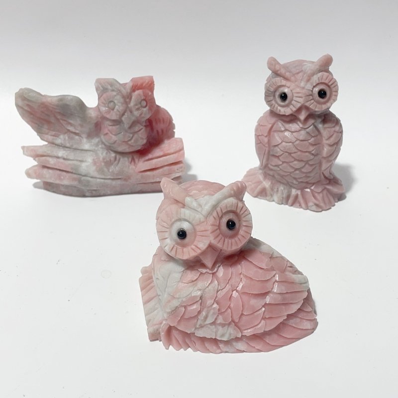 7 Pieces Cute Pink Opal Owl Carving - Wholesale Crystals