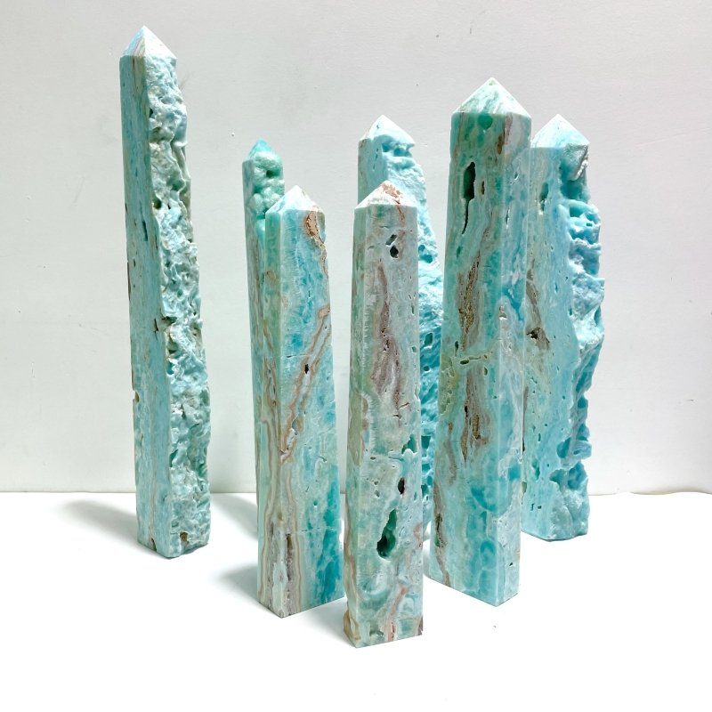 7 Pieces Large Blue Hemimorphite Four - Sided Tower Raw Side - Wholesale Crystals