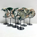 7 Pieces Large Geode Green & Pink Moss Agate Moon Carving With Stand -Wholesale Crystals